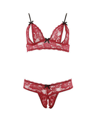 Soutien-gorge, bonnets ouverts, en dentelle rouge et string assorti 